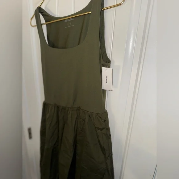 SPANX olive green smooth Jersey Mixed Media Midi Dress - Picture 6 of 13